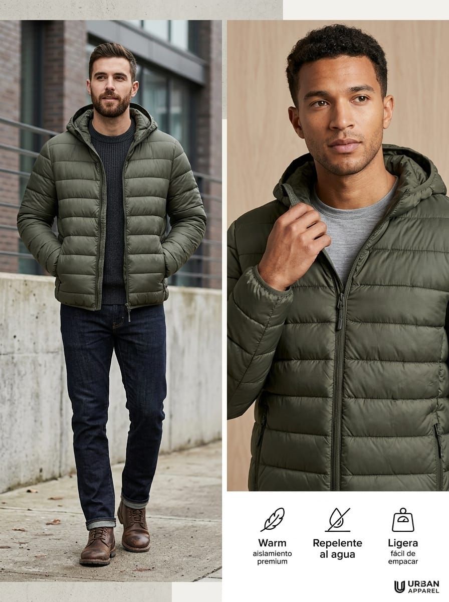 Hombre con una chaqueta acolchada verde oliva sobre un suéter gris y vaqueros oscuros en un entorno urbano.