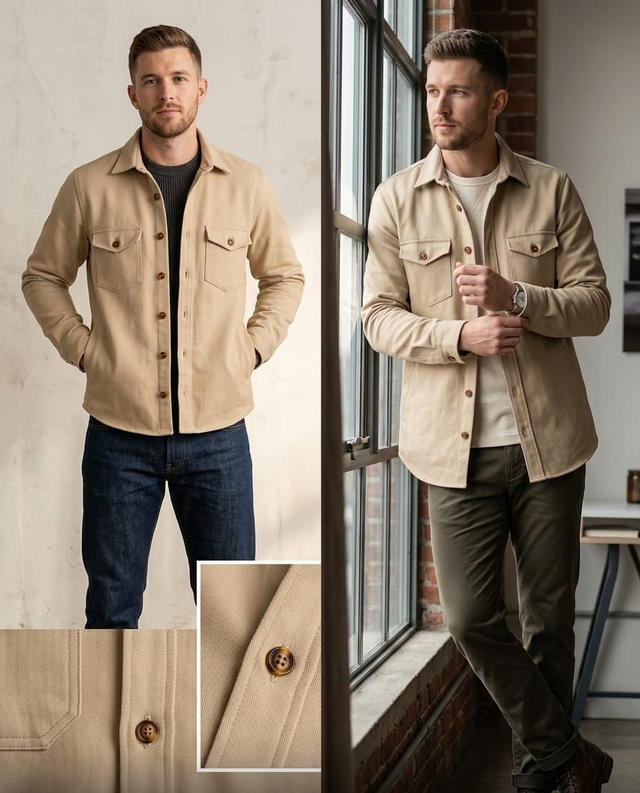 Dos hombres modelando chaquetas de color beige en un ambiente interior neutro, uno de pie y el otro junto a una ventana.