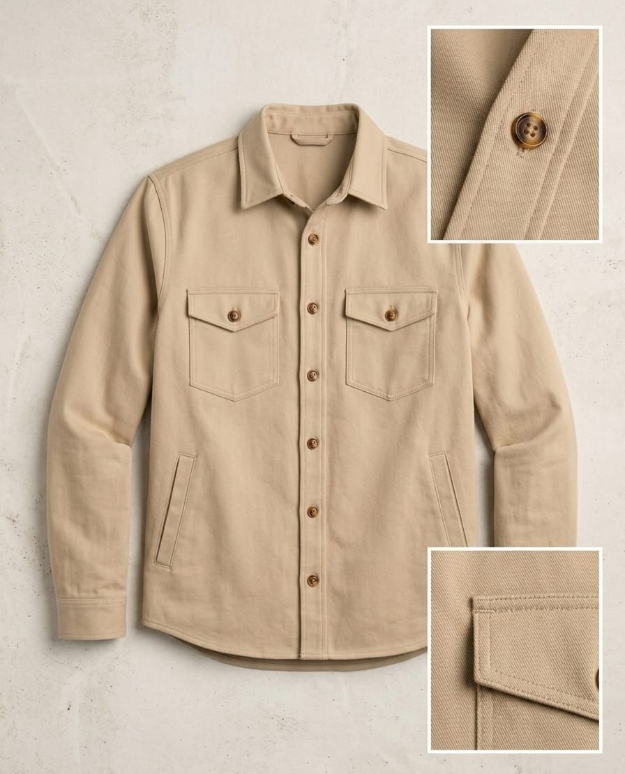 Dos hombres modelando chaquetas de color beige en un ambiente interior neutro, uno de pie y el otro junto a una ventana.