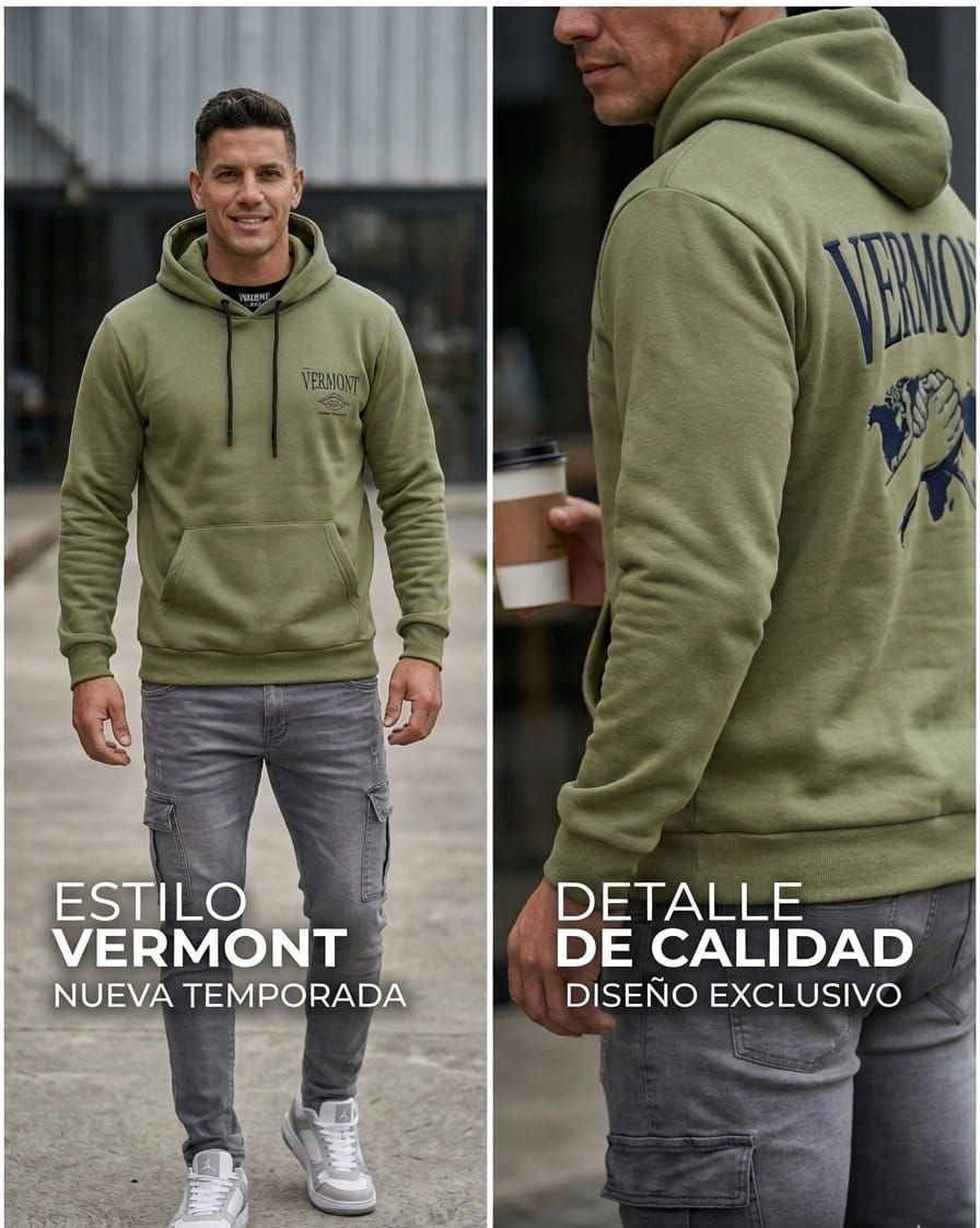 Hombre con sudadera verde oliva y vaqueros grises; en la vista posterior se aprecian las palabras 