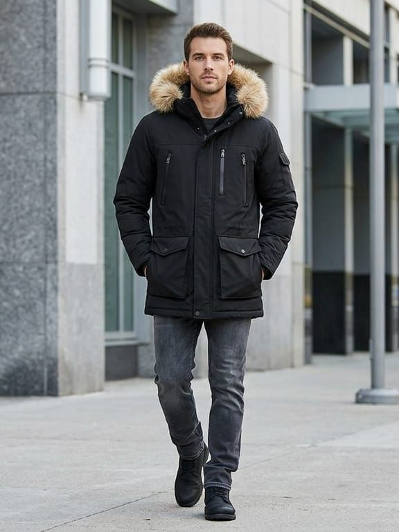 Hombre caminando al aire libre con una parka negra con capucha ribeteada de piel en una acera de la ciudad.