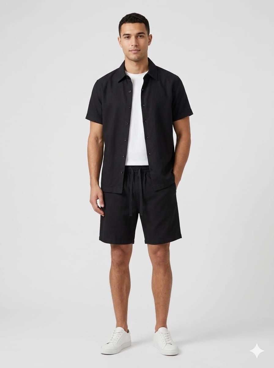 CONJUNTO SHORT Y CAMISA LINO HOMBRE CASUAL VERANO SLIM FIT