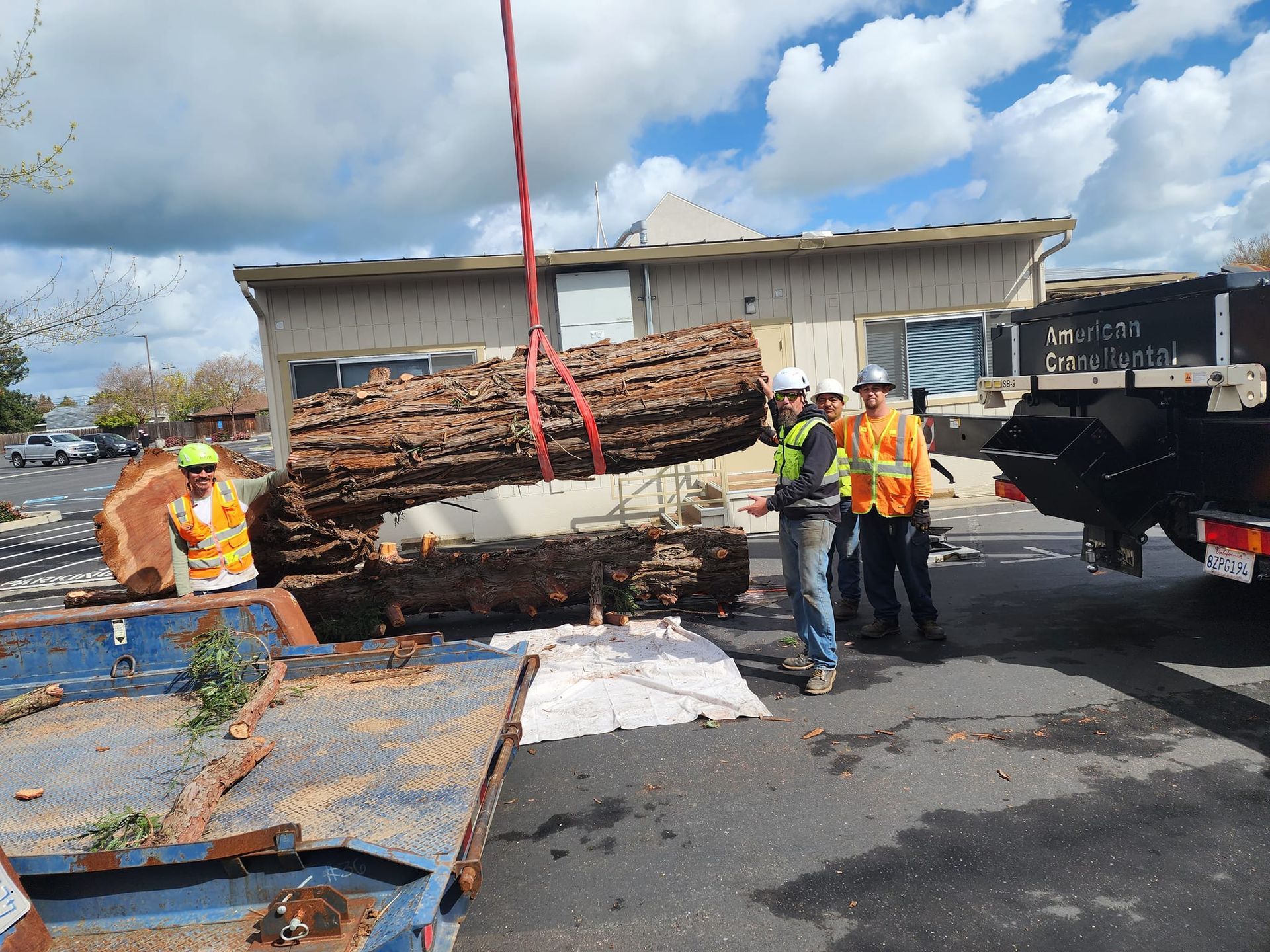 Workers in orange safety vests load a large log bundle onto a truck at a lumber yard.