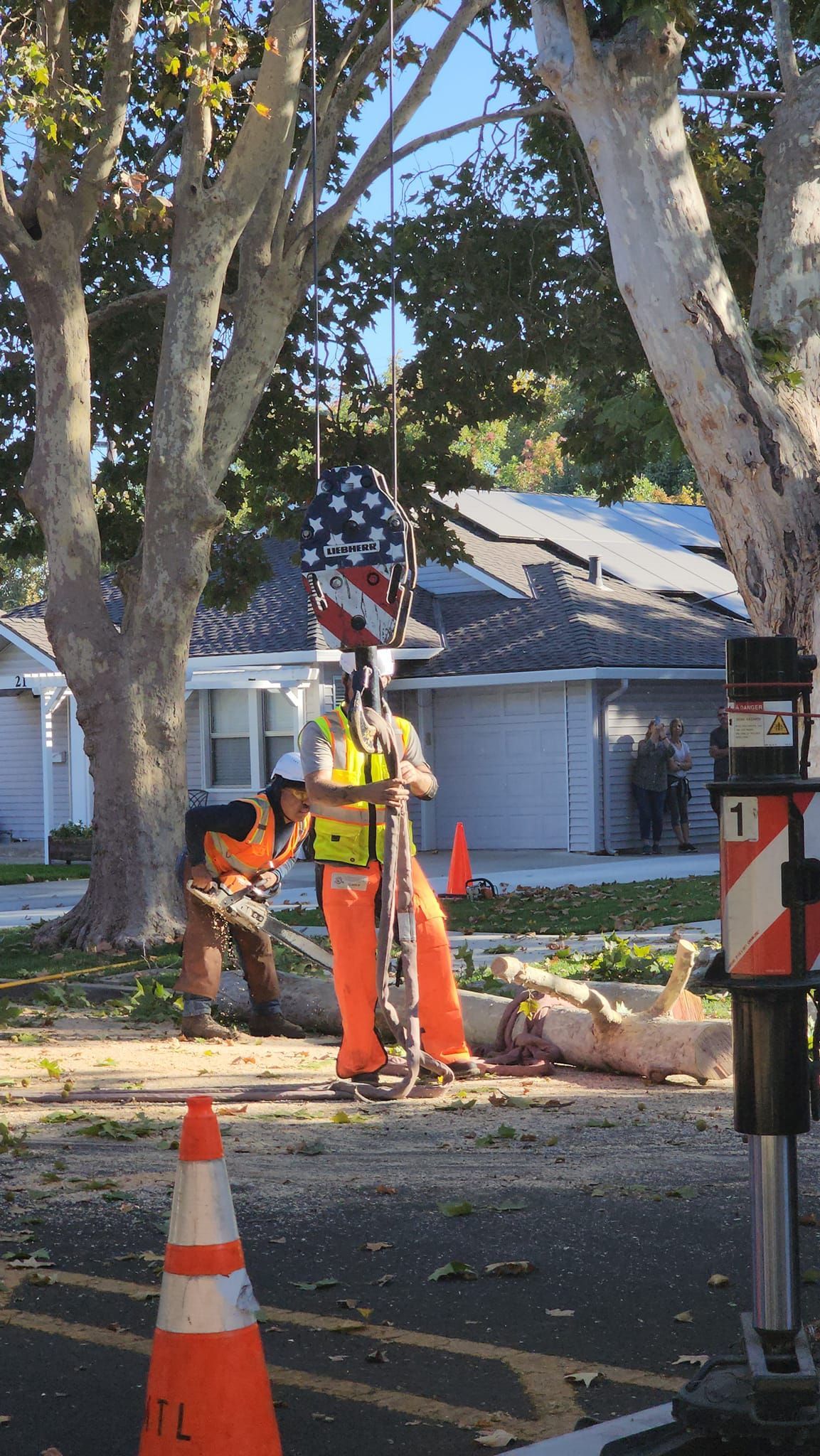 Utility worker cutting a fallen tree limb beside a house, with orange cones and caution tape.