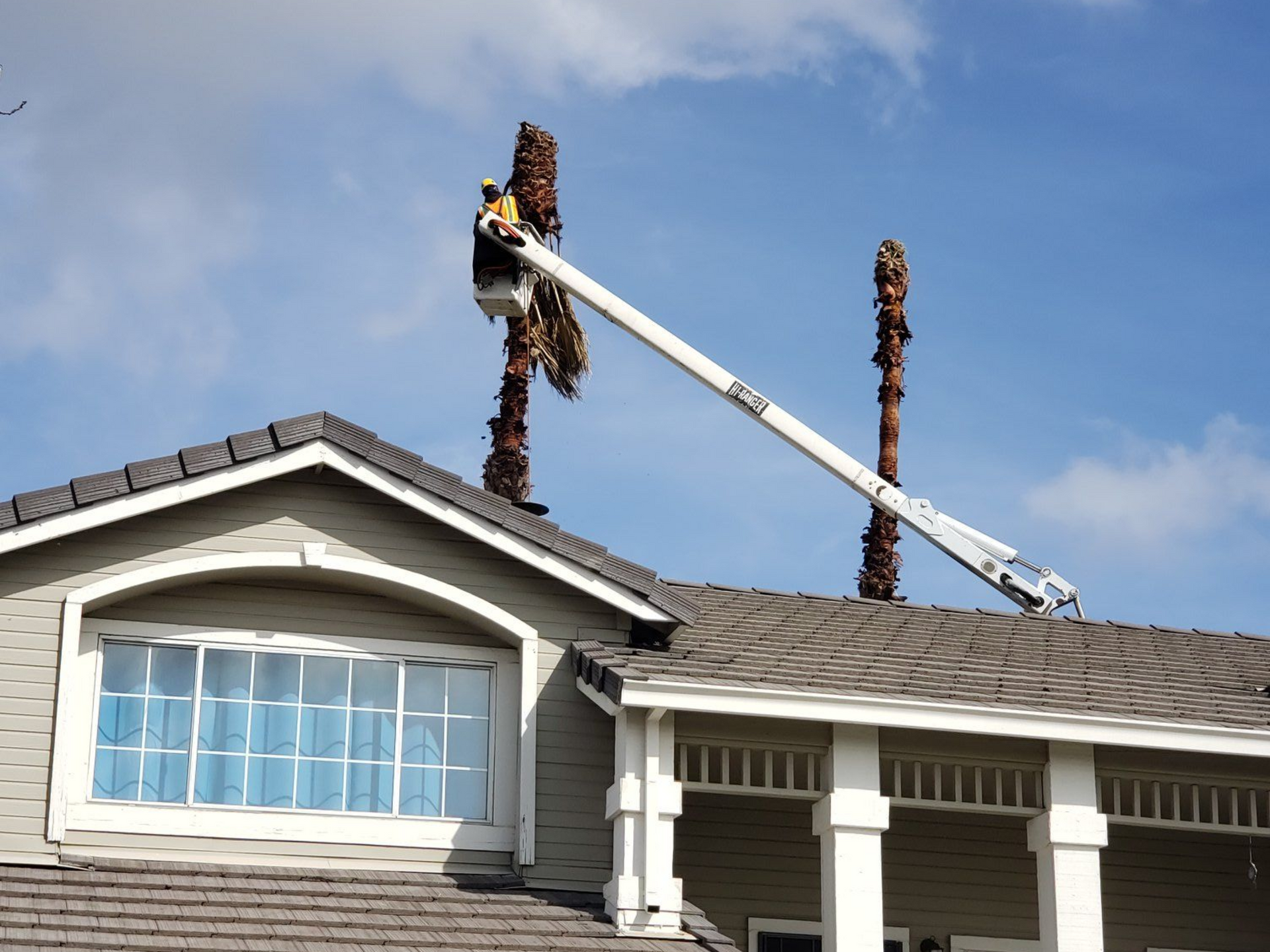 House roof with fallen palm trees being removed by a crane against a blue sky