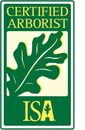 Certified Arborist ISA logo with green leaf on white and green background