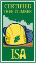 ISA Certified Tree Climber badge with yellow hard hat and green tree leaf on a green background