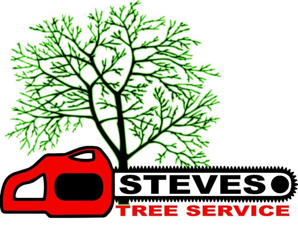 Steves Tree Service logo with red chainsaw and green tree silhouette