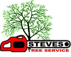 Steves Tree Service logo with a green tree and red chainsaw graphic