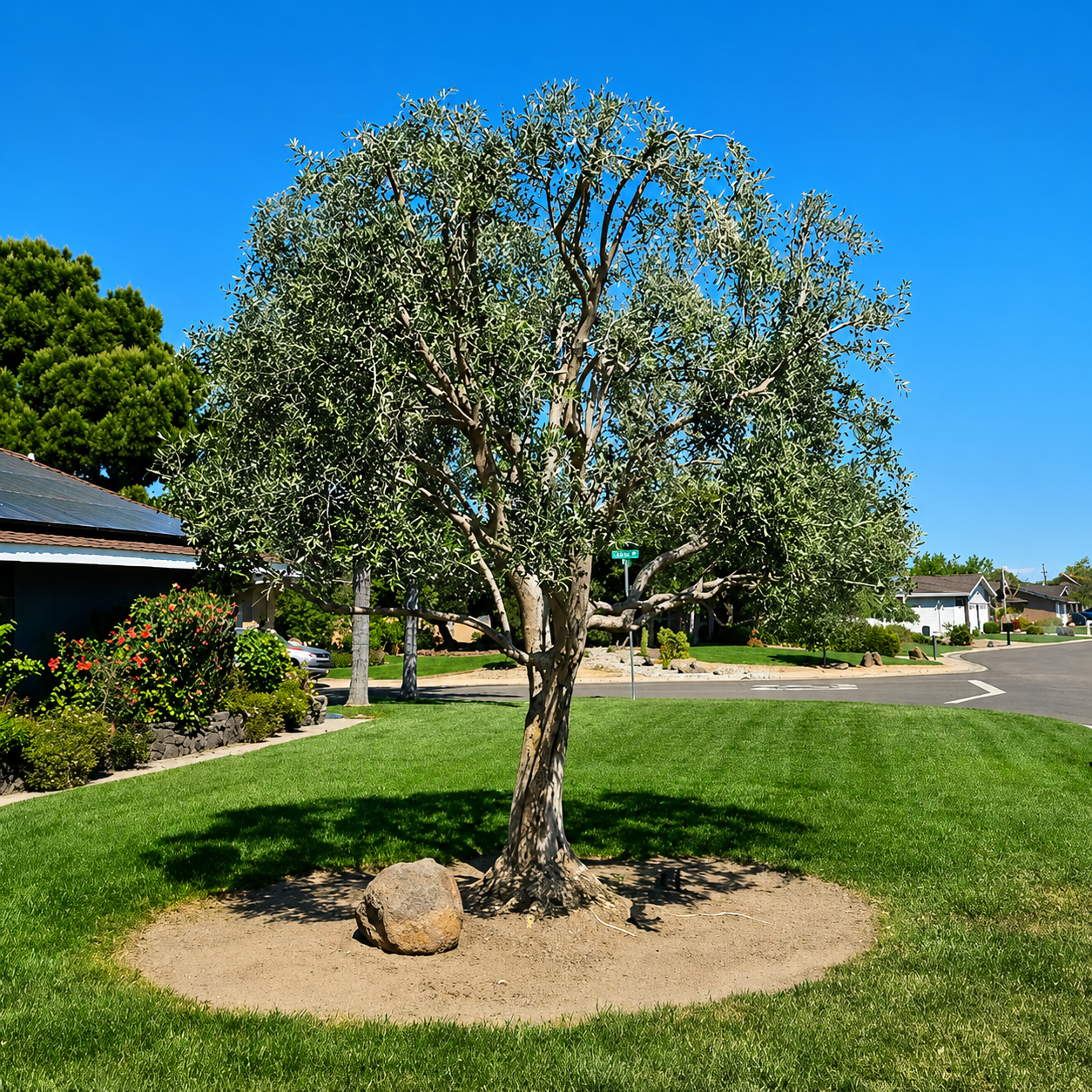 Small tree in a grassy suburban yard under a clear blue sky