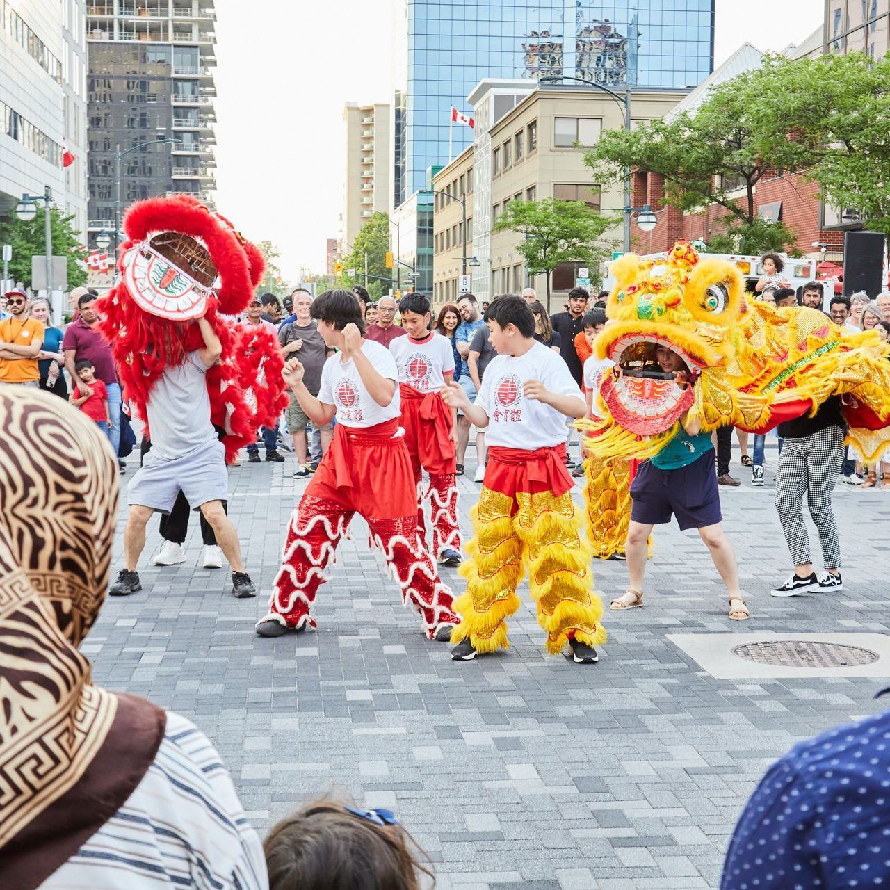 A group of people are performing a lion dance in front of a crowd