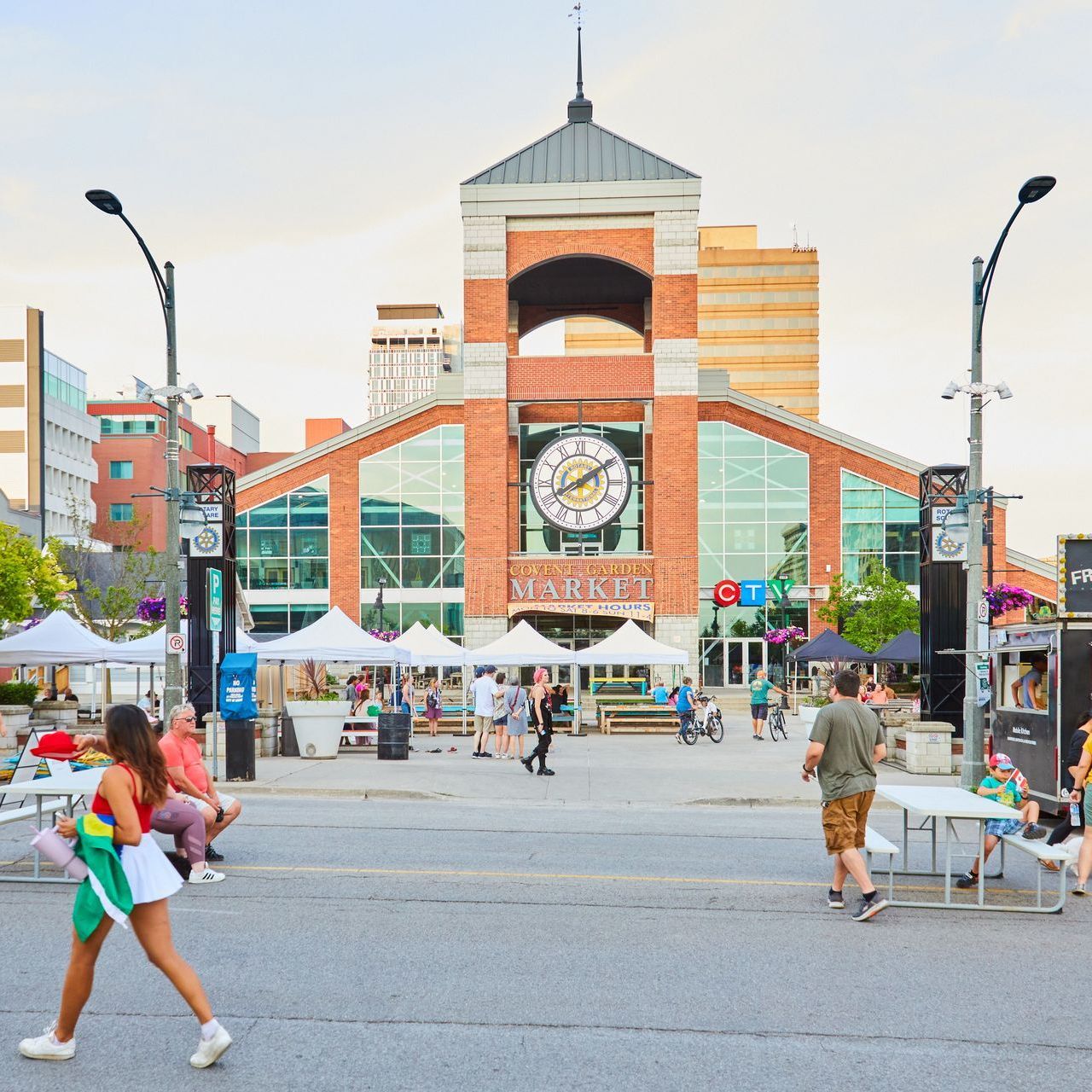 A clock tower with the word market on it