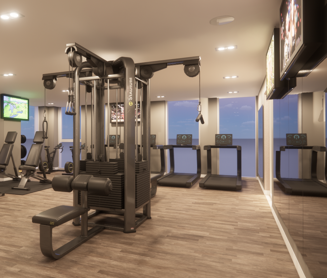 An artist 's impression of a gym with treadmills and exercise equipment