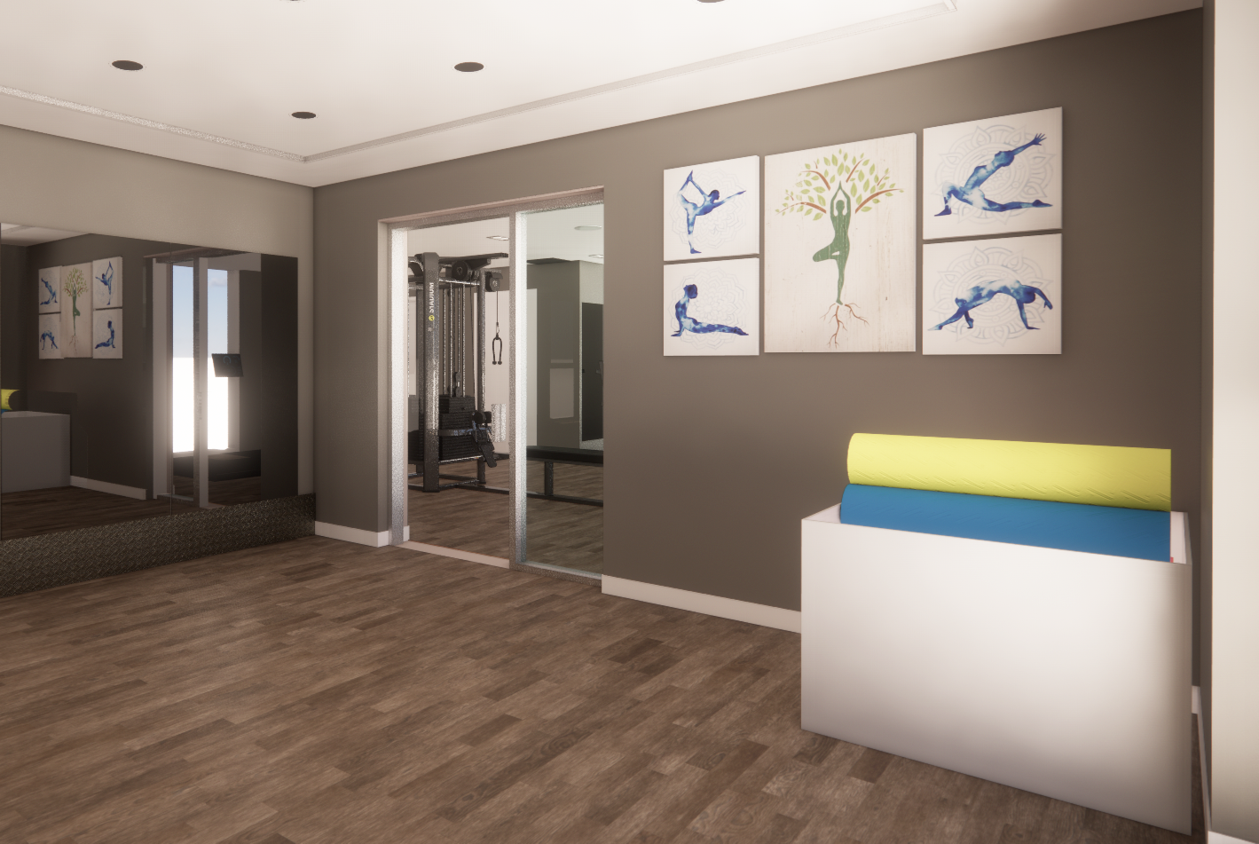 An artist 's impression of a gym with a lot of paintings on the wall.
