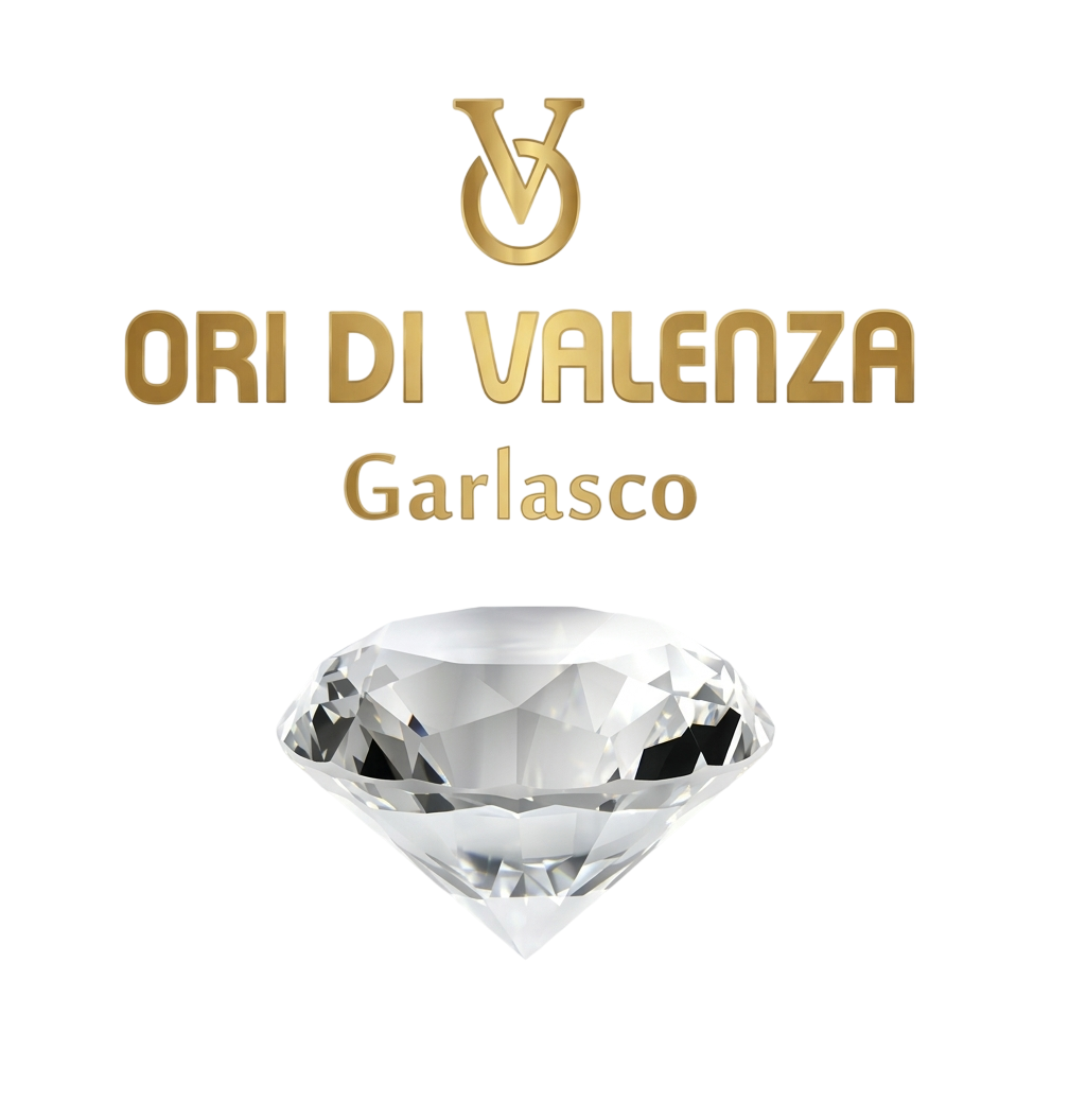 Logo Ori di Valenza Garlasco con testo dorato e icona a forma di diamante su sfondo bianco.