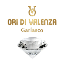 Logo Ori di Valenza Garlasco con testo dorato e icona a forma di diamante su sfondo bianco.