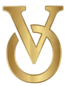 Lettera V stilizzata dorata intrecciata con una U, simile a un logo o a un monogramma.