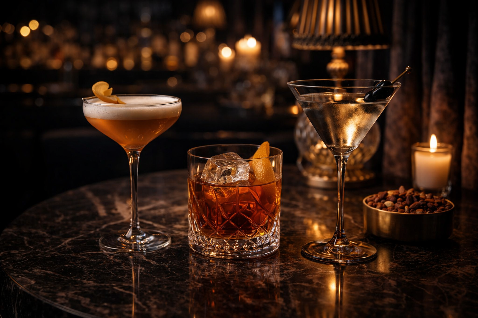 Premium cocktails in luxury bar setting curated dining and social experience