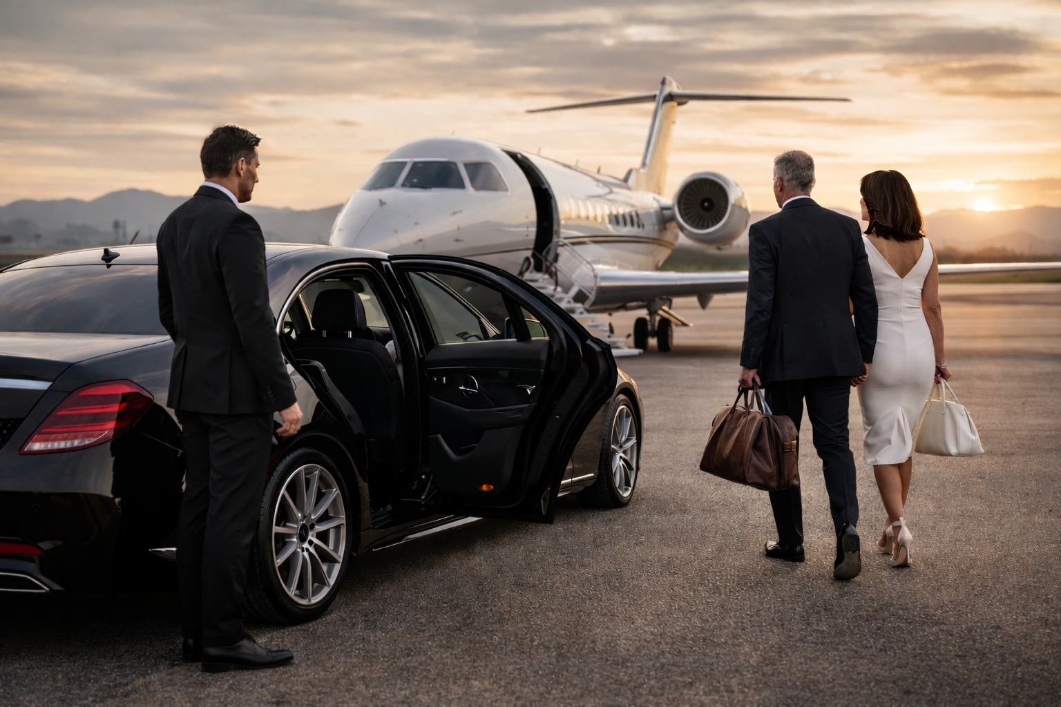 Luxury private jet arrival with chauffeur transfer high end travel concierge experience