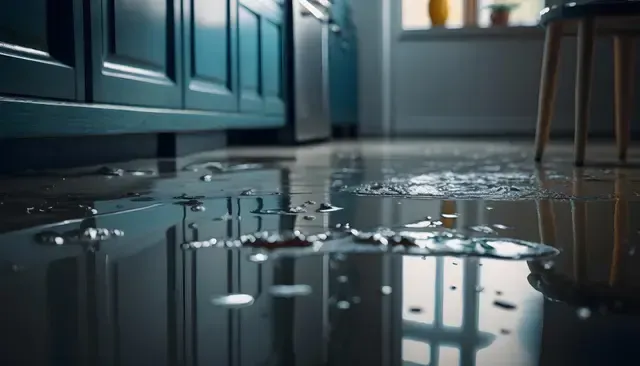 Water flooding a kitchen floor, reflecting cabinetry and a window; droplets and puddles.