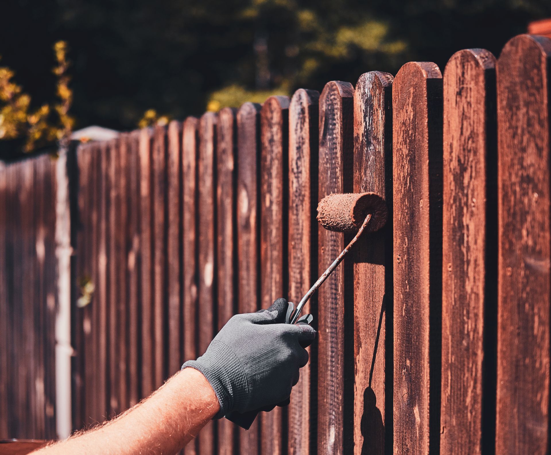 Gloved hand painting a wooden fence brown with a roller outdoors