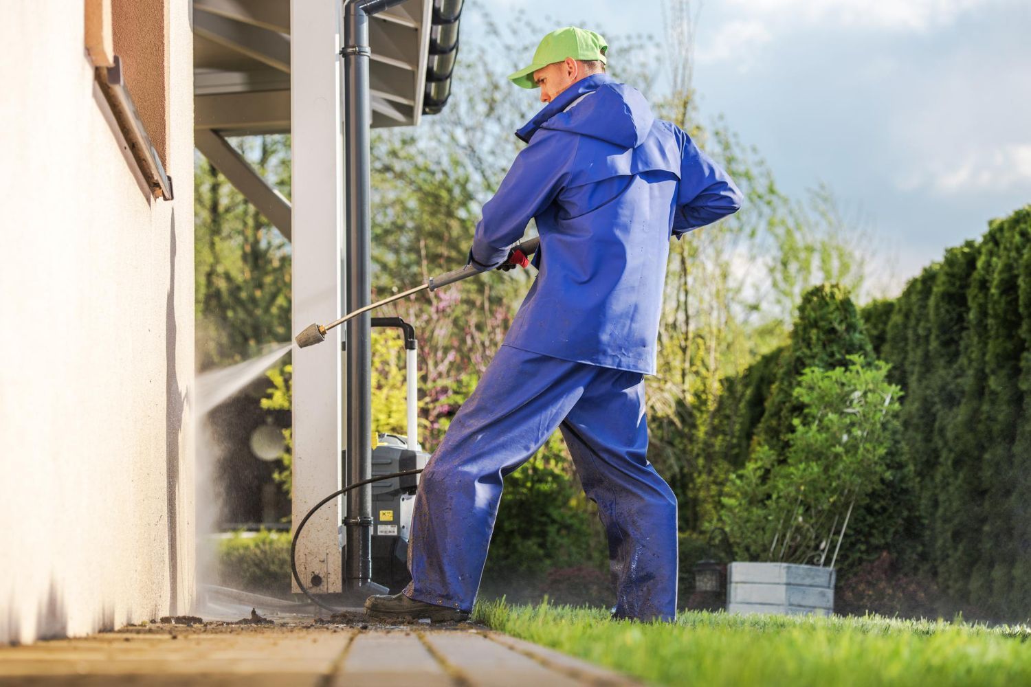 Person in blue coveralls pressure-washes the side of a house near a lawn.
