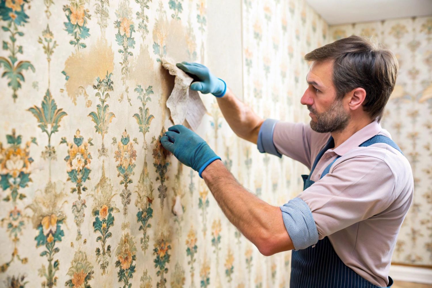 Man removing wallpaper with a scraper while wearing blue gloves in a room with floral wallpaper