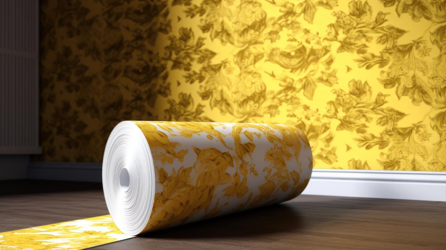 Yellow patterned wallpaper roll unrolling across a sunlit wooden floor against matching wallpaper.