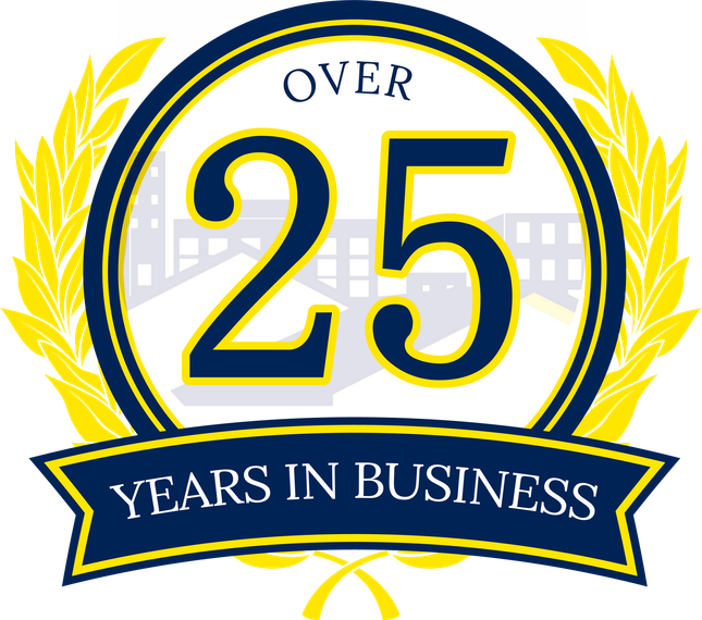 Gold and blue “Over 25 Years in Business” anniversary emblem with laurel wreaths