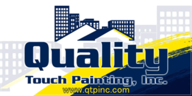 Quality Touch Painting, Inc. logo with blue text, a house roof, and city buildings