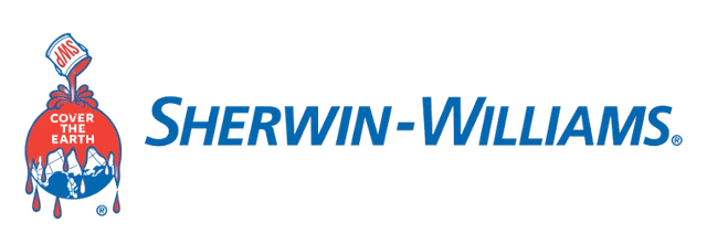 Sherwin-Williams logo with a red paint bucket mascot and blue brand name on white background