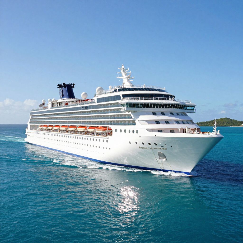 A white cruise ship sailing on bright blue water near a small island under a clear sky.