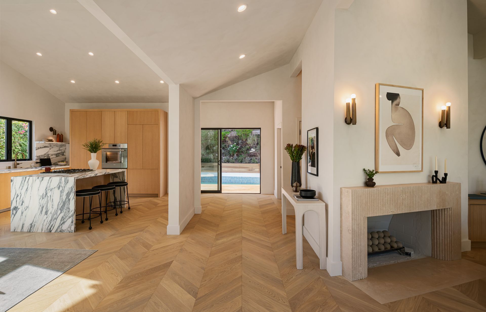 There is a fireplace in the middle of the room.