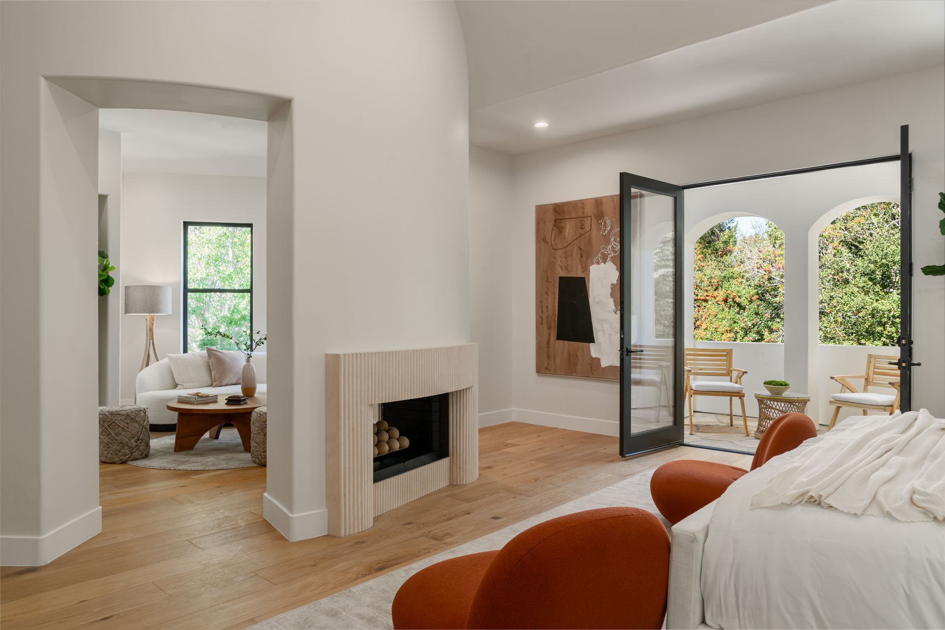 There is a fireplace in the middle of the room.