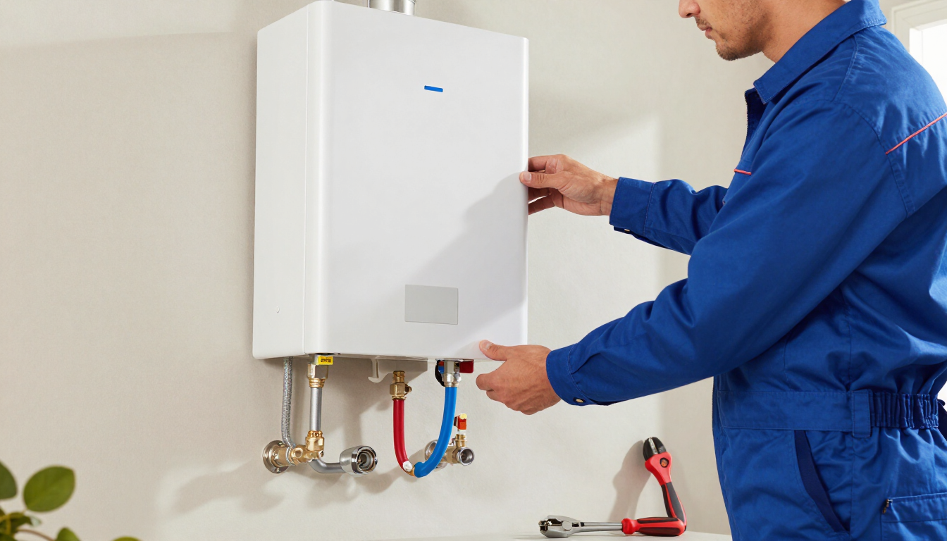 Technician installing a white wall-mounted boiler with red and blue pipes