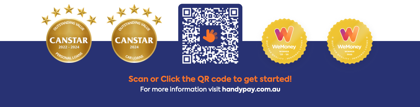 Gold badges and a QR code on a navy and white background. Text: Scan or click the QR code. Website address.