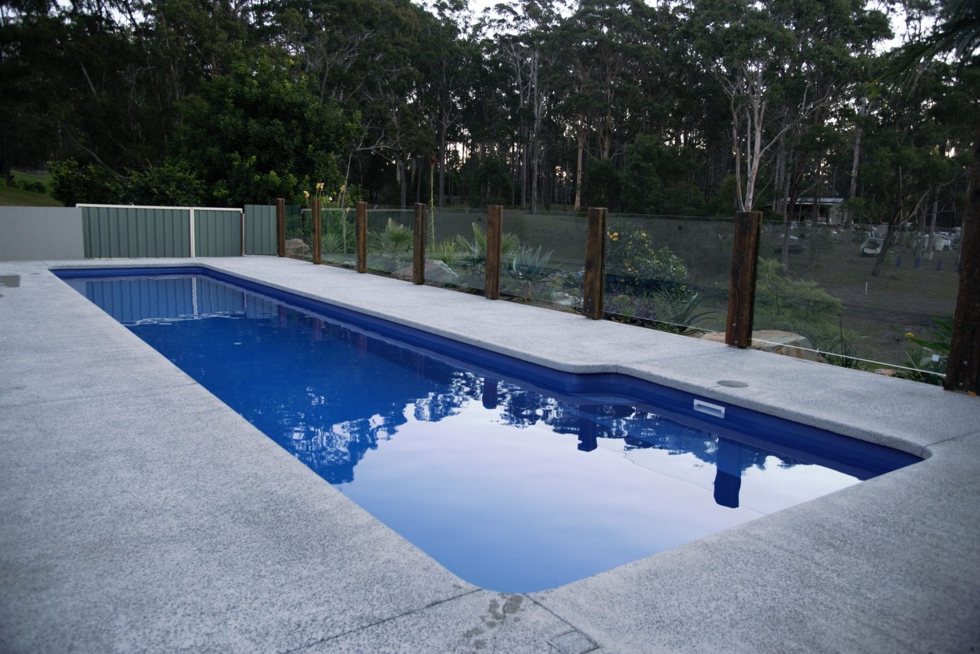 Rectangular blue pool surrounded by a concrete deck with a fence and trees in the background.