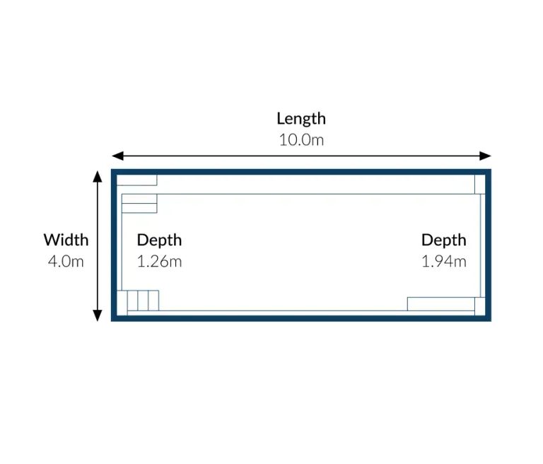 Diagram of a rectangular pool: 10m long, 4m wide, with depths of 1.26m and 1.94m.