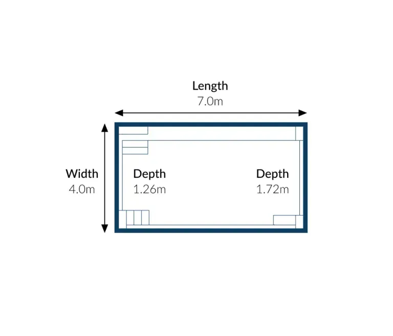 Diagram of a rectangular pool with labeled dimensions: 7m length, 4m width, and depths of 1.26m and 1.72m.