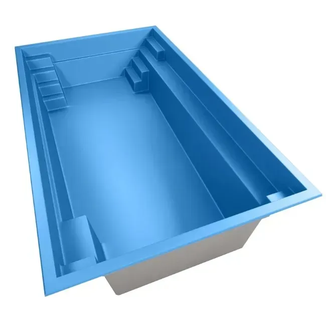 Blue rectangular swimming pool with built-in steps on both ends, gray exterior, overhead shot.