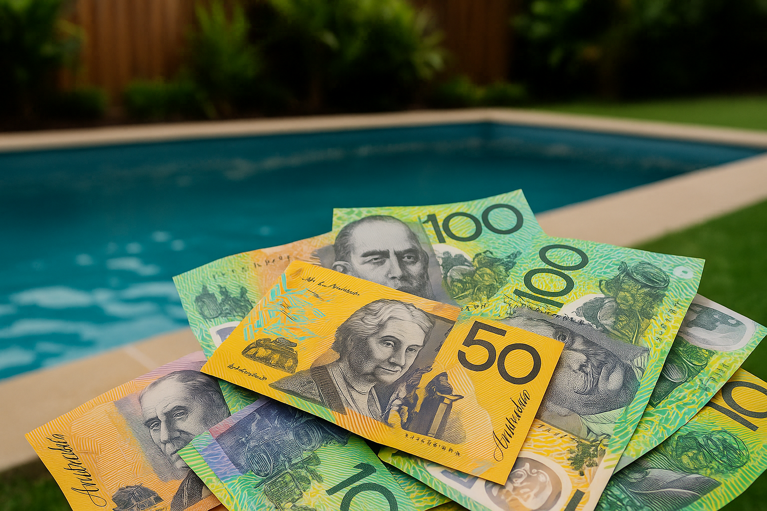 Australian currency fanned out in front of a swimming pool and green lawn.