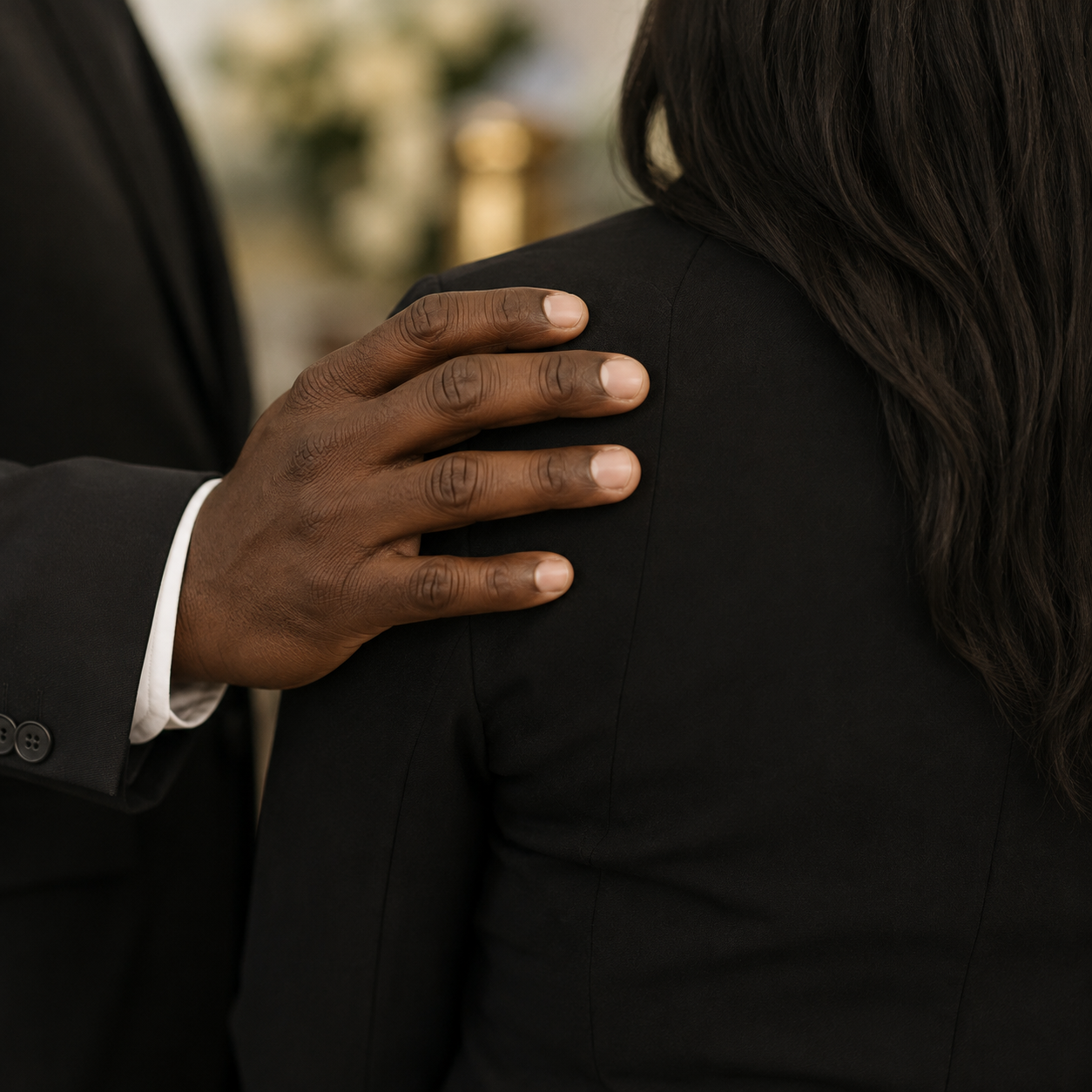 Hand resting on a woman’s shoulder during a formal event