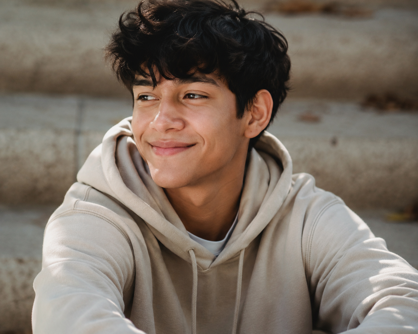 Smiling person in a beige hoodie outdoors, with dark hair and a blurred background