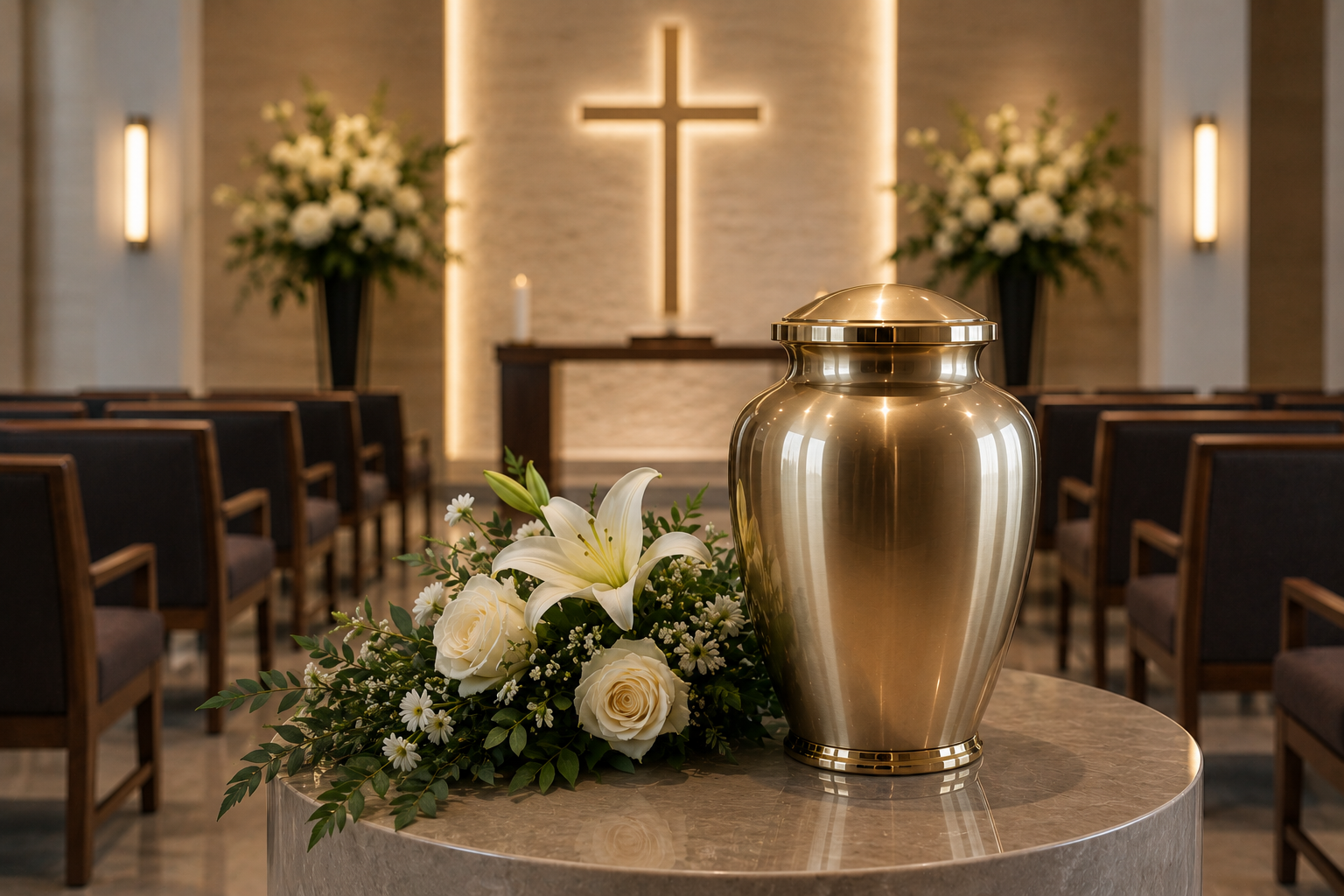 Memorial urn with white flowers in a chapel, with a glowing cross at the altar.