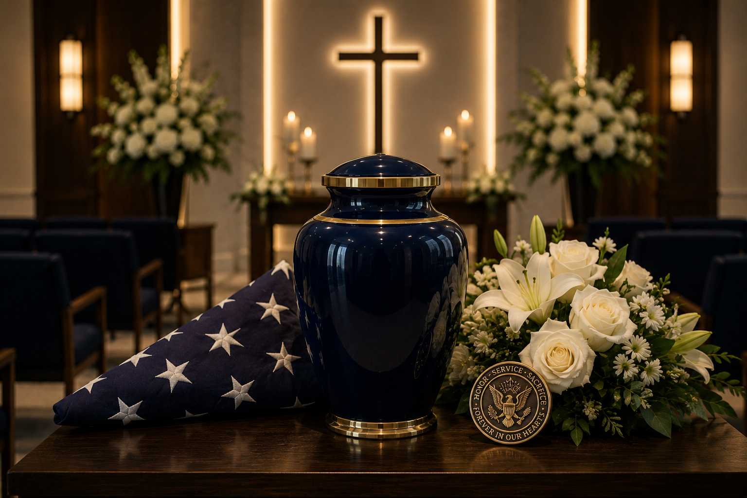 Funeral urn with folded American flag, white roses, and lit candles before a cross