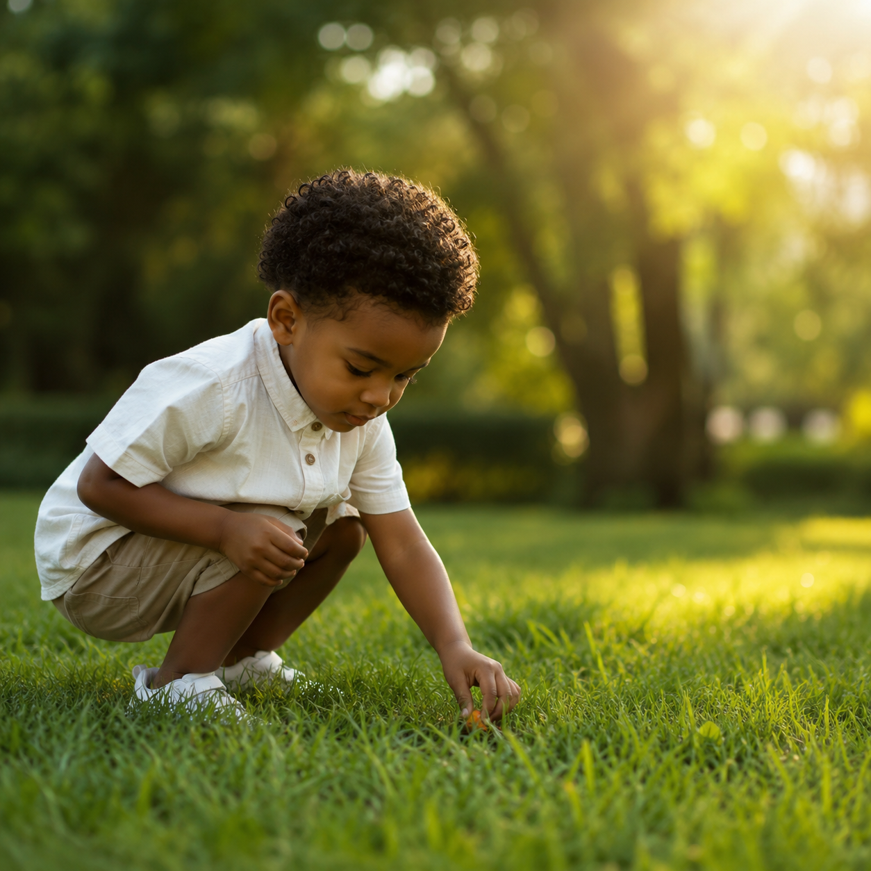 Child crouching in grass, carefully picking a flower in a sunlit park.