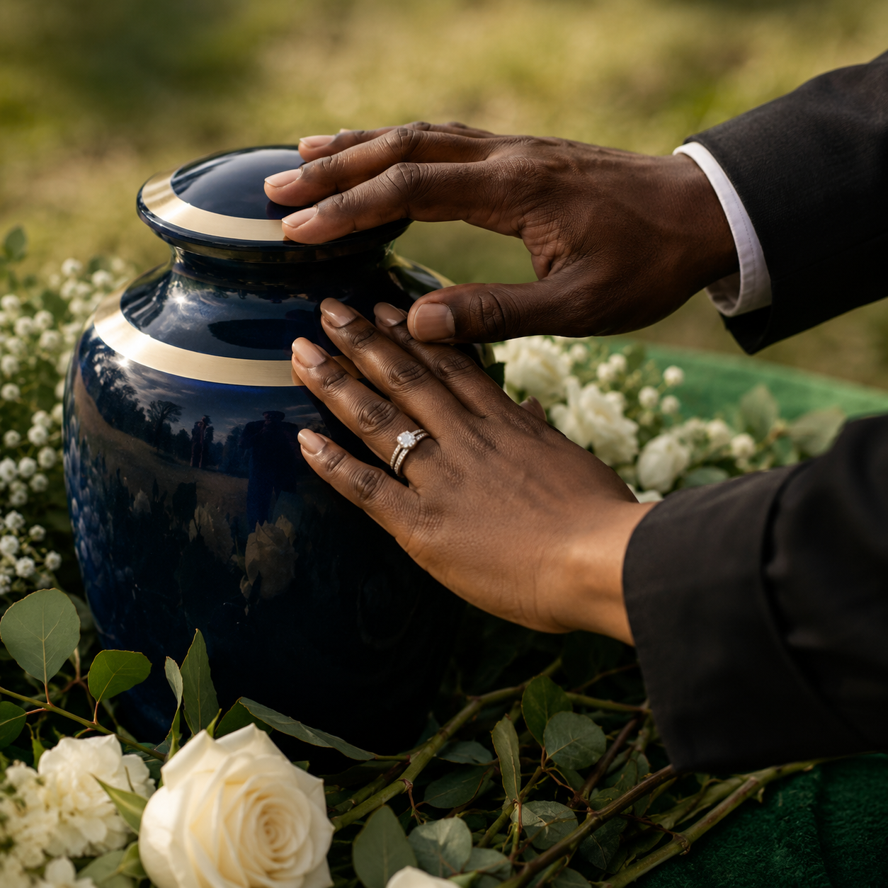 Hands resting on a dark blue urn surrounded by white flowers and greenery