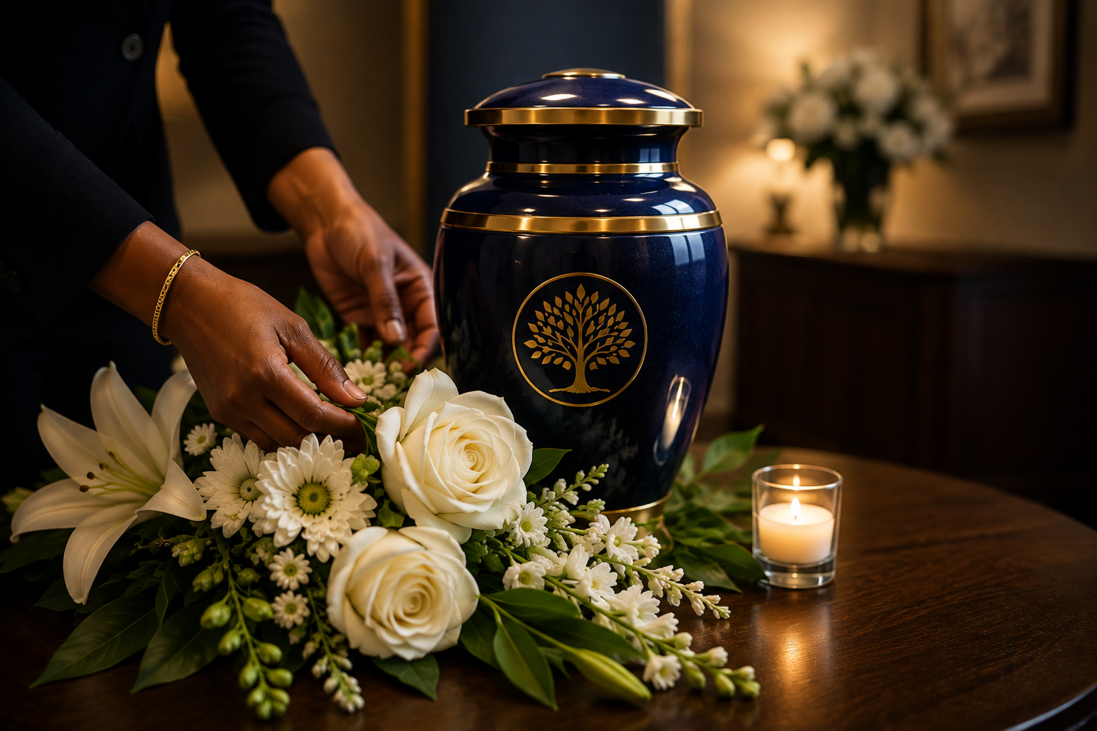 Hands placing white flowers beside a dark blue urn with a lit candle on a table