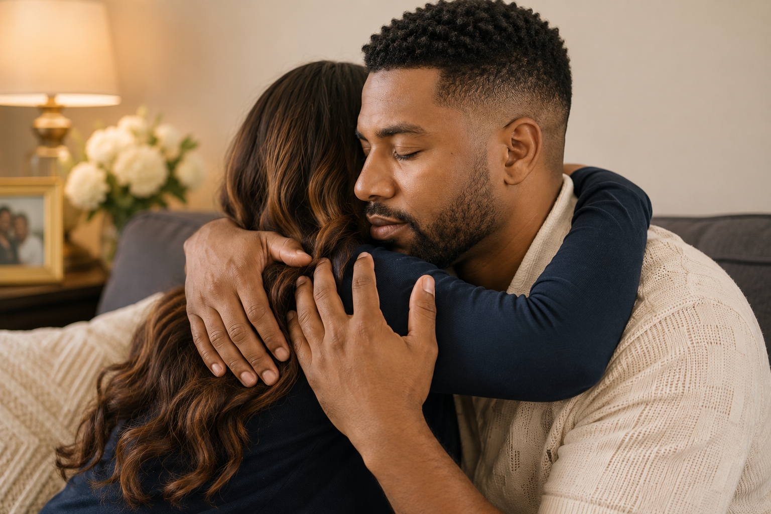 Two people embracing on a sofa in a warm living room, holding each other closely.