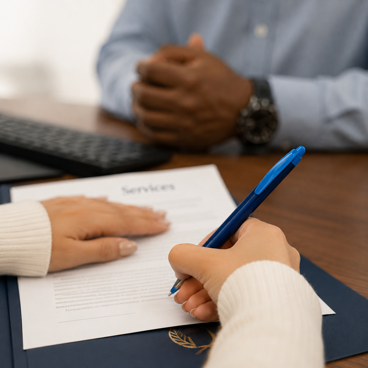 Hands reviewing a service document while a person signs it with a blue pen across a desk